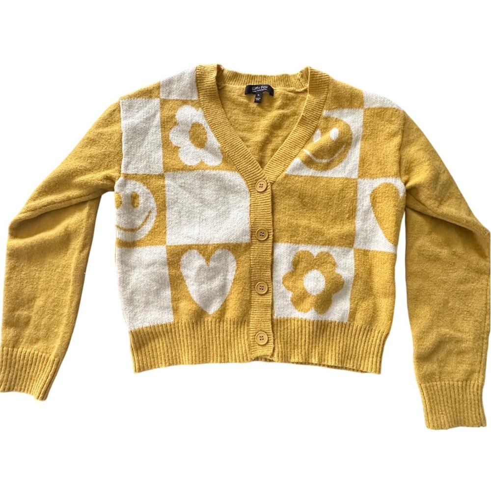 Witty Fox Yellow Checkered Smiley Face Heart Flower Cardigan Sweater XL